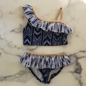 Body Glove Girls' Batik Print One-shoulder Ruffle Bikini Set, Indigo, Size 5